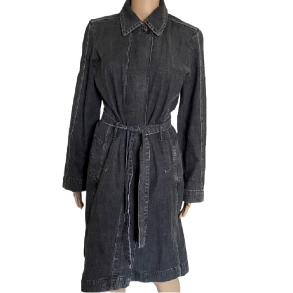 CALVIN KLEIN Black Stone Wash Denim Belted Coat Jacket Trench Coat Size M